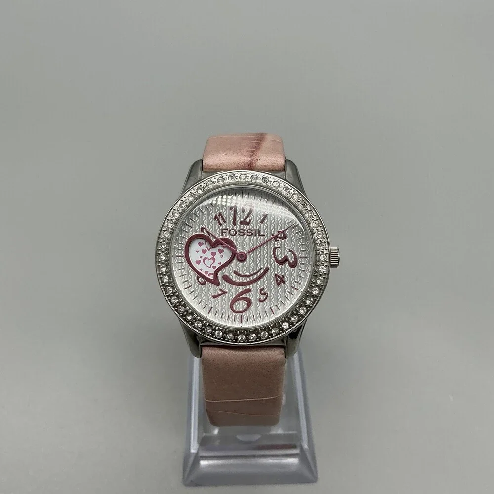 Fossil F2 ES-1350 Womens Watch 33mm Silver Heart Dial Pink Leather New Battery